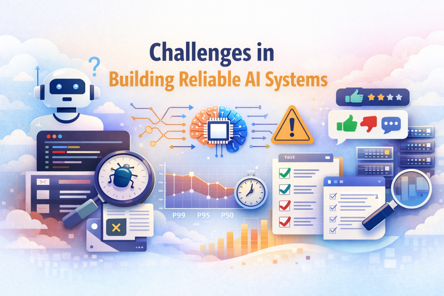 Watercolor illustration depicting AI system reliability challenges including a robot, debugging interface, performance charts showing P99/P95/P50 metrics, testing checklists, feedback icons, and clock symbols on a soft cloud background—representing observability, testing, latency monitoring, and user feedback in production AI applications.